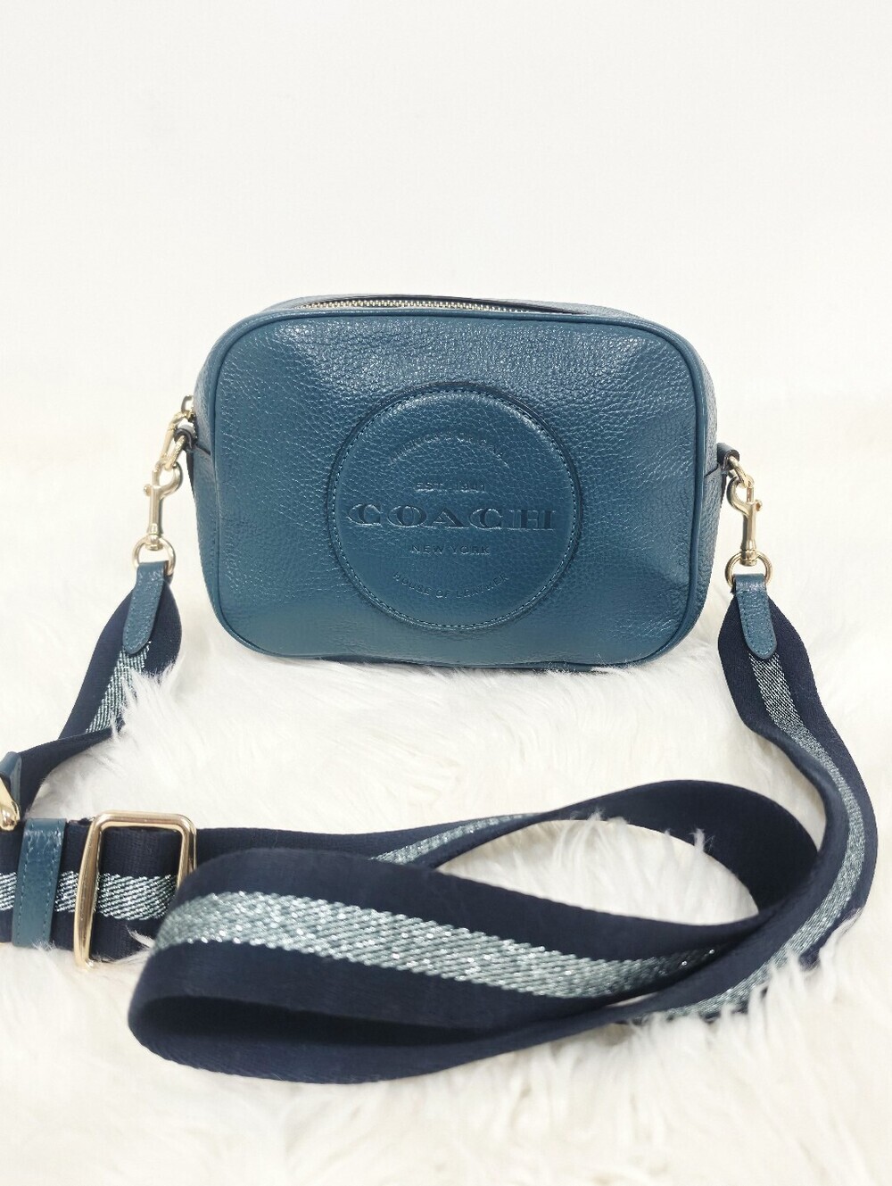 Coach Dempsey C2828 Blue Pebbled Leather Camera Crossbody Bag Gold Hardware.